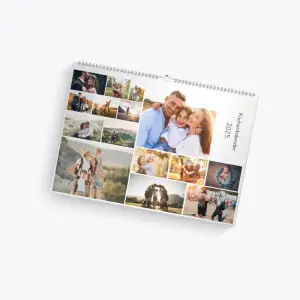 Ein Fotokalender mit bunten Bildern und kreativen Designs an einer Wand